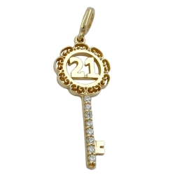 pendant 23x10mm key with number -21- and 8 cubic zirconias 9k gold