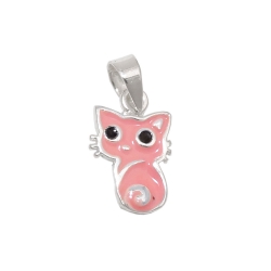 pendant, little pink cat, silver 925