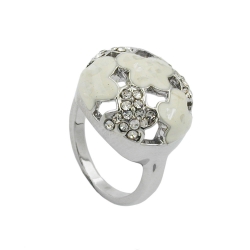 ring white enamel & glass crystals rhodium plated