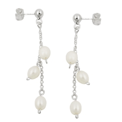 Stud earring 45x5mm earring with chain and 3 cultured pearls silver 925