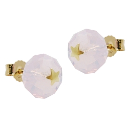 Stud earrings 6mm faceted glass bead milky-pink with golden star 14K GOLD