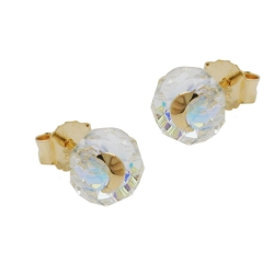 stud earrings 6mm faceted white glass bead crystal with golden moon 14k gold