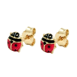 Stud earrings 6mm ladybird red-black lacquered 9Kt GOLD