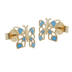 stud earrings 7x8 mm butterfly light blue enameled 9k gold