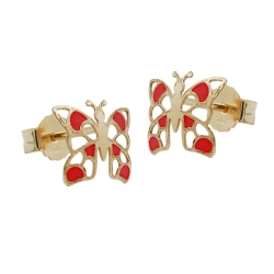 stud earrings 7x8 mm butterfly red enameled 9k gold