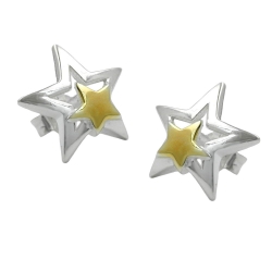 stud earrings, star, two tone, silver 925