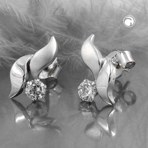 stud earrings 11x6mm leaf-shaped with white cubic zirconia 9k white gold
