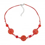 necklace, disk shaped red marbled beads, red cord - 00522