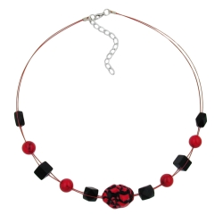 Necklace red and black beads on coated flexible wire