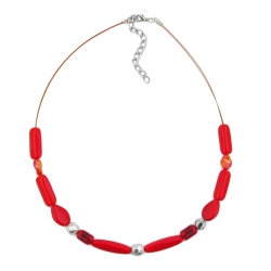 Necklace red watered glass beads on coated flexible wire