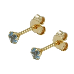 Stud earrings, synthetic aquamarine, 3mm, 9K GOLD