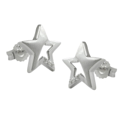Stud Earrings, Star, Zirconia, Silver 925