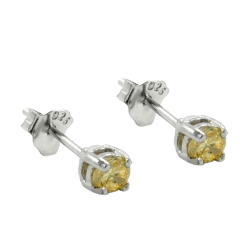 Stud Earrings, Crystals, 3mm, Yellow, Silver 925